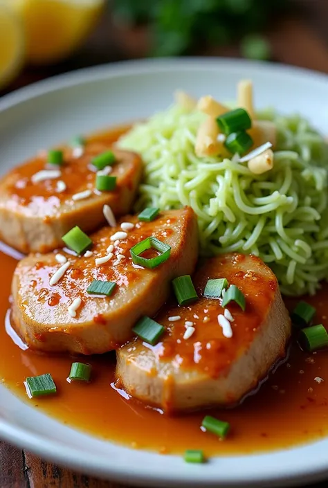 Pork medallions in pineapple sauce with green rice