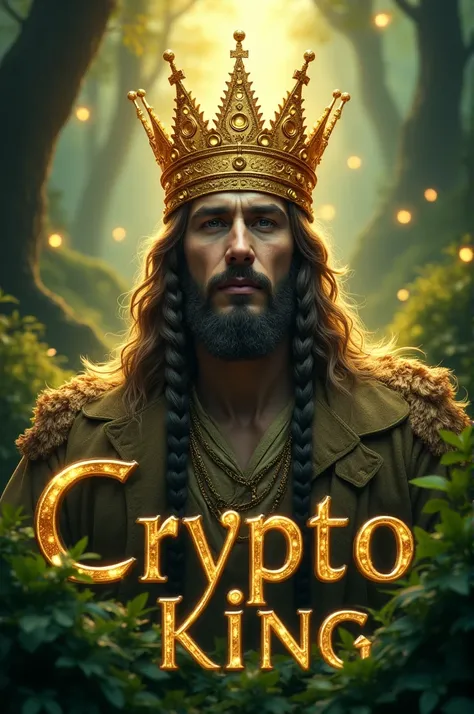 "CRYPTO KING" ko gold color mein likha ho.

Uske upar ek king ka crown bana ho jo shiny aur detailed ho.

Yeh sab ek forest aur greenery ke beech ho, jahan gras aur lush greenery ki jhankaar ho.

Background mein thoda magical aur mystical look ho, jaise ko...