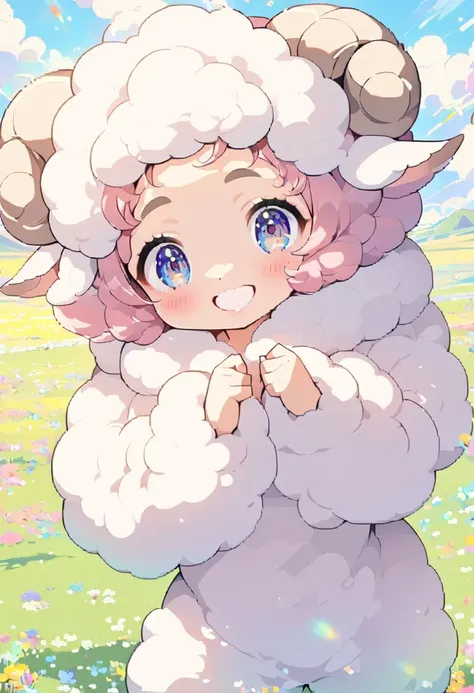 Illustration of a cute young woman in a sheep costume standing in a meadow,BREAK,(young woman in a sheep costume,smiling with a joyful expression,Western features,soft curly hair peeking out of the costume,wearing fluffy sheep ears and a cute tail,petite a...