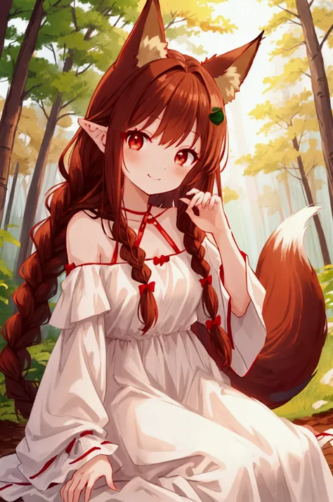  girl、Brown Hair、Fox ears、Fox Tail、Red Eye、 braided 、smile、 white dress 、 off-shoulder 、forest