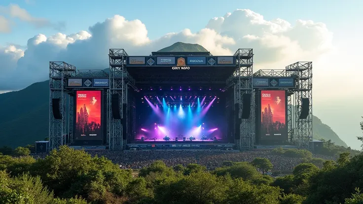 "A huge stage set up on the peak of majestic Mount Roraima, surrounded by its dramatic cliffs and lush vegetation under a clear sky with soft, floating clouds. The stage features a large metal structure with LED panels displaying vibrant visuals and toweri...