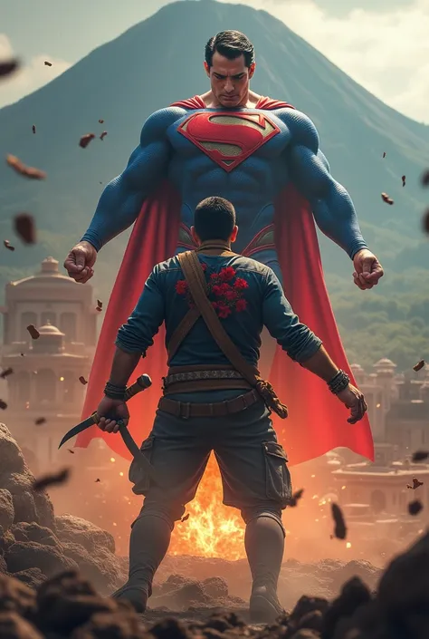 
 Superman,  with characteristic blue and red costume ,  is fighting with an Indonesian man wearing traditional clothing or modern Indonesian clothing ( Example ,  batik or jeans jacket ).   Superman has a stocky body , big muscles ,  and flying position i...