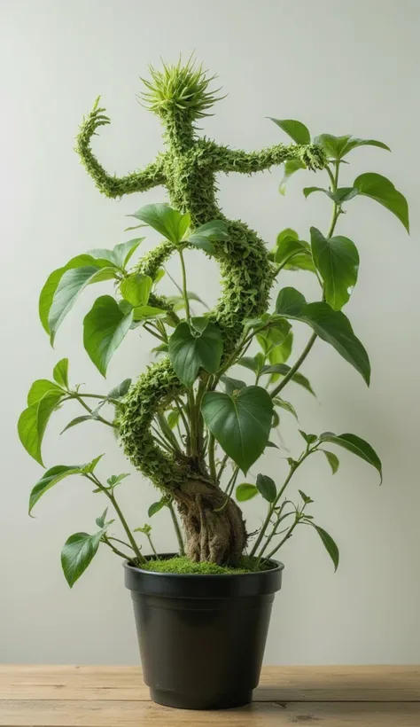 create an image plant growing in a pot that resembles a dancing human figure. the plants leaves should from the head? arms? and legs? with the stem acting as the torso