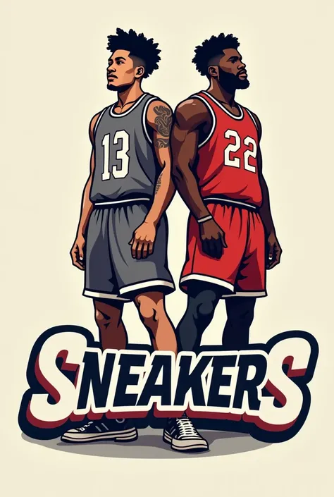 Logo for a shoe store related to basketball with the inscription Sneakers in front of 2 guys one Asian another black man