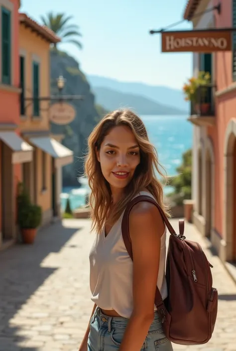 create a realistic photo of a relaxed woman traveling with the following photo