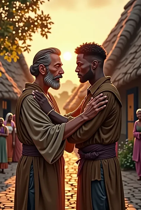 Dans un petit village,  a father gives his son his blessing, A 25-year-old black man .