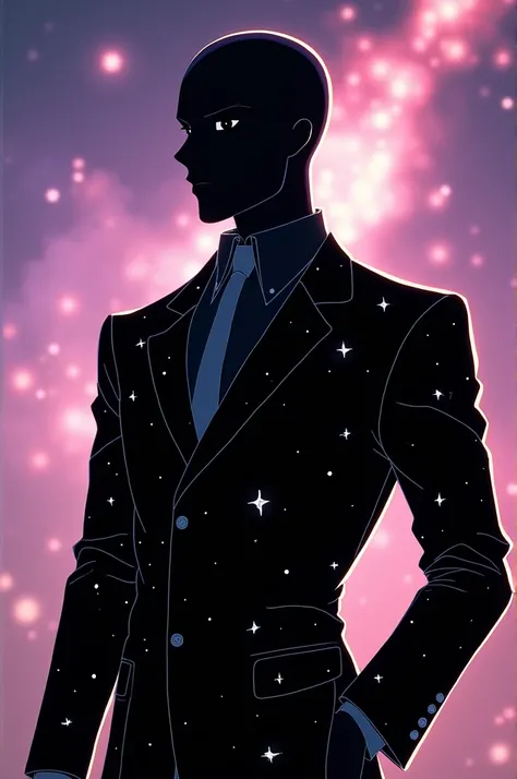 Fassa an anime character with an all-black body without a face wearing a suit with galactic stars


