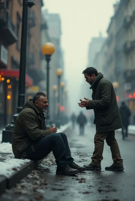 An unemployed and poor 30-year-old man is sitting in a cold street, and suddenly he sees his friend from his youth, laughing and talking to him.