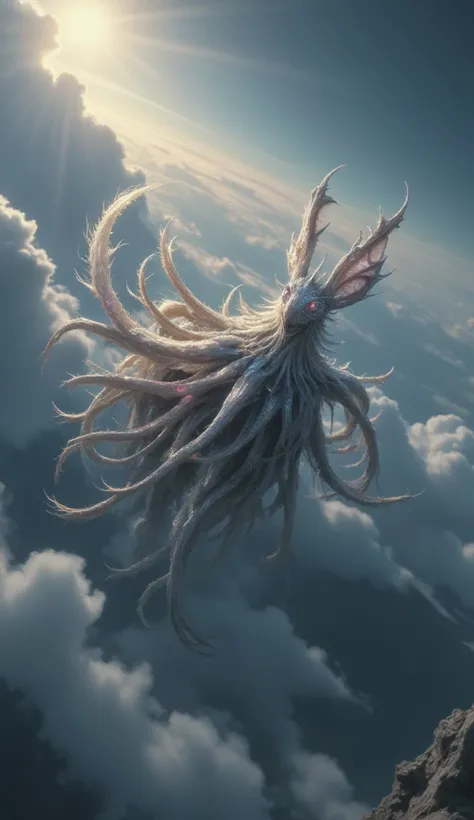 noah bradley style, detailed expressive eyes, fantasy style, (fractal art:0.44), dramatic sky, here we see the airborne musical honkersplat, an ethereal, enigmatic (invertebrate:1.2) with enormous (iridescent:1.2), burglybonked (gas bladders:1.2). it navig...