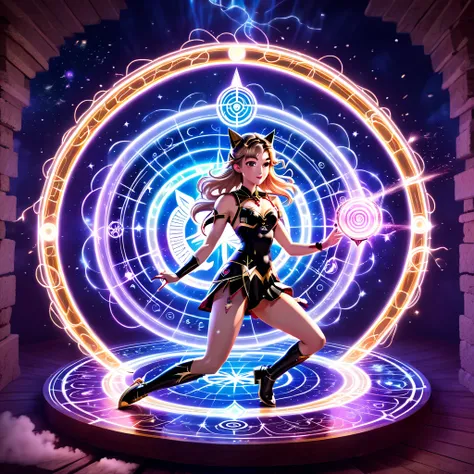 　
1girl, use magic circle, 2D anime-style illustration, (((a magical girl casting a spell using vertically stacked magic circles))), each inscribed with glowing runic symbols, forming a complex, multi-layered magic circle. The magical girl is in an energet...