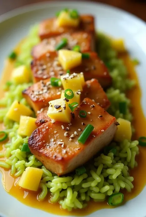 Pork medallions in pineapple sauce with green rice
