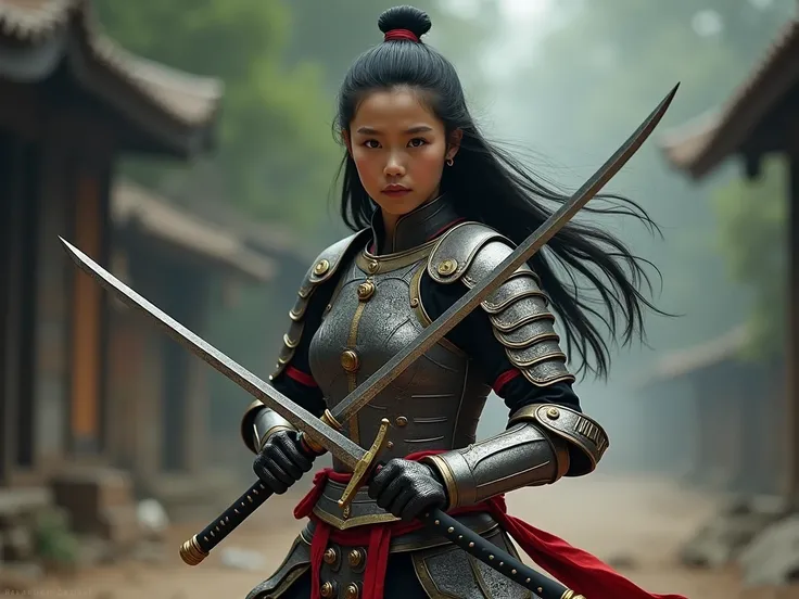  is a Thai girl warrior in ancient Thai steel armor ,  wearing armor that is elaborately crafted in the ancient Thai style. , , holding two Katana swords , , one of the right hands, and Another on the left , , the sword pods are on both sides of the waist ...