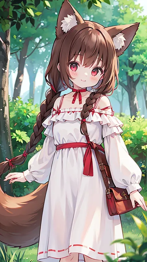  girl、Brown Hair、Fox ears、Fox Tail、Red Eye、 braided 、smile、 white dress 、 off-shoulder 、forest