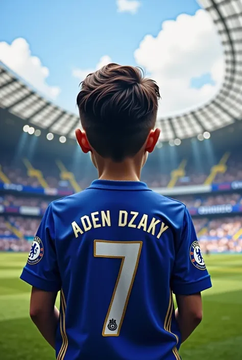 A boy wearing a Chelsea football club Jersey, Jersey name Aden Dzaky and number 7 behind the Chelsea football club stadium with the Chelsea football club logo