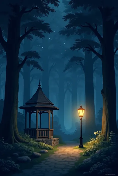 A street lamp next to a gazebo in the woods at night
