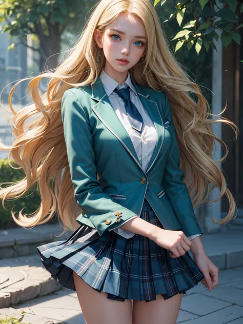 Masterpiece, Young Beautiful Girl has long blonde hair, and green eyes, 1girl, AS-Adult, long-haired, blonde hair, wavy hair, small-breast. Wavy hair. Green eyes, no bangs, symmetrical face. She wears a blue blazer, blue tie, blue and sky blue tartan check...