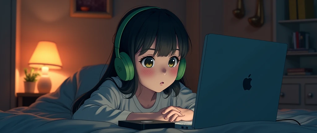   girl listening to music in a cozy room at night, Using green headphones , 2D Style Anime, Lo-Fi,  hard disk , Dark Environment , Makoto Shinkai style