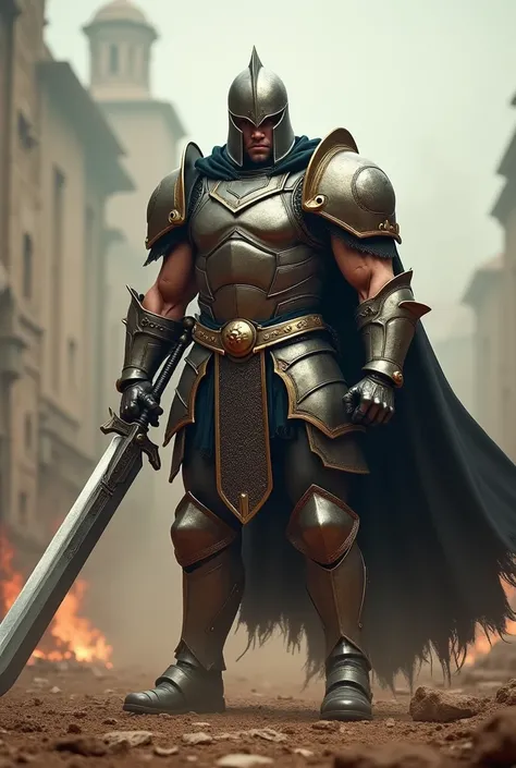  A strong, muscular sexy man holding a large sword and clad in shining armor. His face is determined, with only his piercing eyes visible from beneath his helmet. His heavy, full-body armor and combat boots are designed for defense and protection. The back...