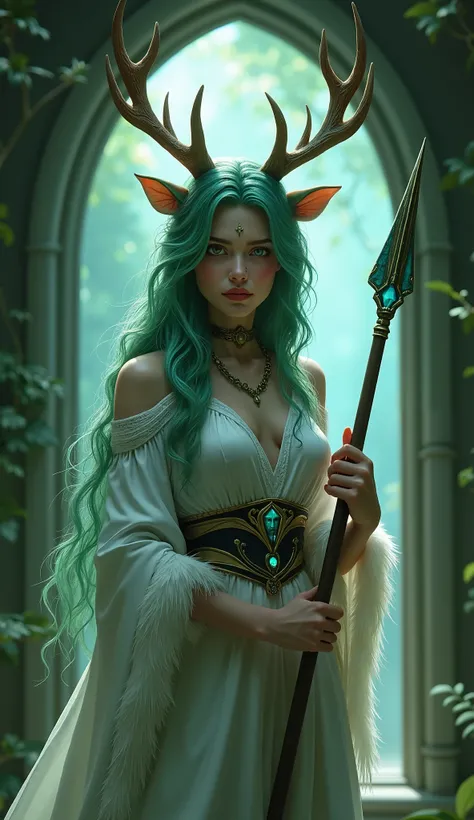 Girl with deer antlers pretty face medium breasts ,  thick shells,  green hair,  green eyes, With just langeri made of white wolf skin in an enchanted forest with a spear in the hand with a navy blue diamond on the shiny door