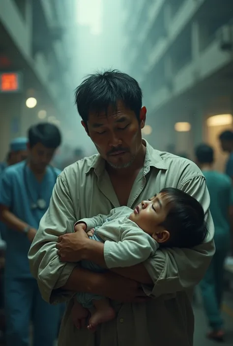 an 40 years old Asian man crying and carrying his s death son on his arms in a hospital full of patients- show hospital chaos too, and show father not fat- father shouldn’t be in normal old short pant ( the man is very poor, so dress must be accordingly)