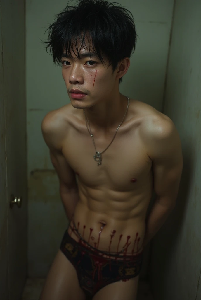 A full body of a mature and handsomely cute teenager with a mix of Chinese, Korean and Western exhaustingly look at the camera with tear and scare to beg showing his wet, half naked very muscular body with nipple pierces and blood lines while having a big ...