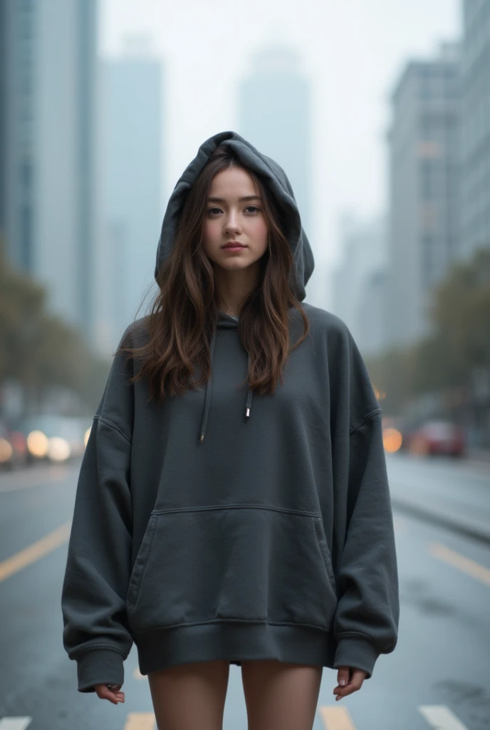 ((upper body:1.5)) 1girl stands in the center, She  located in a misty city with a lot of tall buildings and big road,Her outfit was cool,casual yet British - (paired with an oversized hoodie that covered her long legs). With her hair partially falling aro...