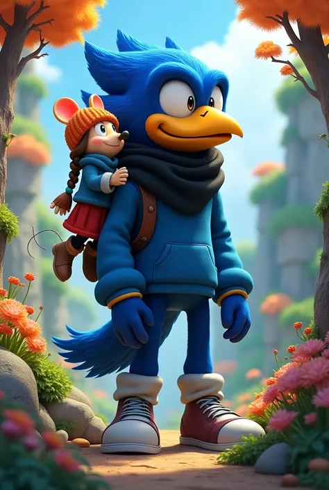 Giant anthropomorphic crow boy mobian with blue hoodie black scarf black shorts gray sneakers with a  anthropomorphic mouse mobian with braid orange wool hat blue sweater red skirt brown boots brown wool gloves sitting on the shoulder of the anthropomorphi...