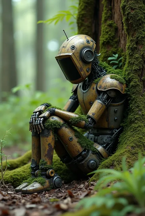 An old, mossy screen-faced robot sitting against an old tree in the forest