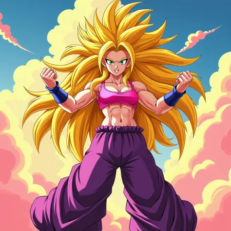 The character in the image is a Saiyan woman with extremely long and voluminous spiky hair, bright yellow color ,  that extends down below the waist .  She is in a fighting pose ,  with clenched fists and arms folded ,  showing defined muscles .  She wears...