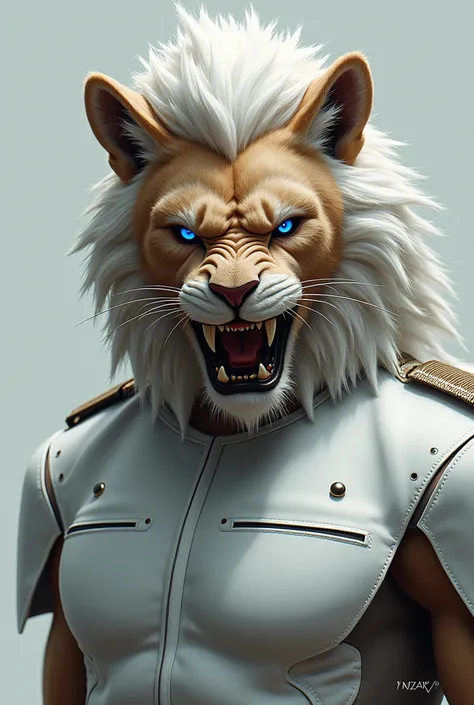 Yzak has blue eyes and hair reminiscent of a lions mane with frost bits at its end. He has sharp, ferocious fangs and a beastly expression. He wears a white uniform.