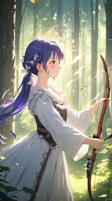 1 girl, ( cute face),  ponytail, to many hairstyle, (blush:1.2), Look Away,  small breasts,  Fantasy Archer Clothes, Bow and Arrow,  , cowboy shots,  break,  bright sunlight, ( Vibrant Light :1.3), (Atmosphere of Love :1.3), break, In the forest,  Birds Ch...