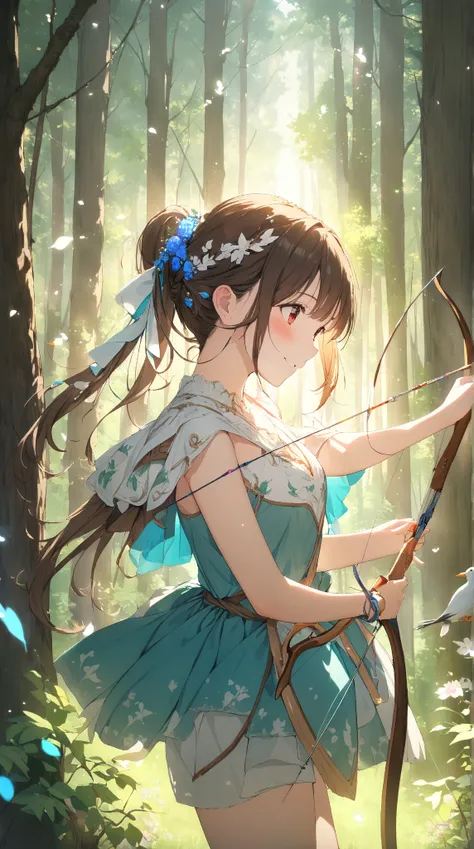 1 girl, ( cute face),  ponytail, to many hairstyle, (blush:1.2), Look Away,  small breasts,  Fantasy Archer Clothes, Bow and Arrow,  , cowboy shots,  break,  bright sunlight, ( Vibrant Light :1.3), (Atmosphere of Love :1.3), break, In the forest,  Birds Ch...