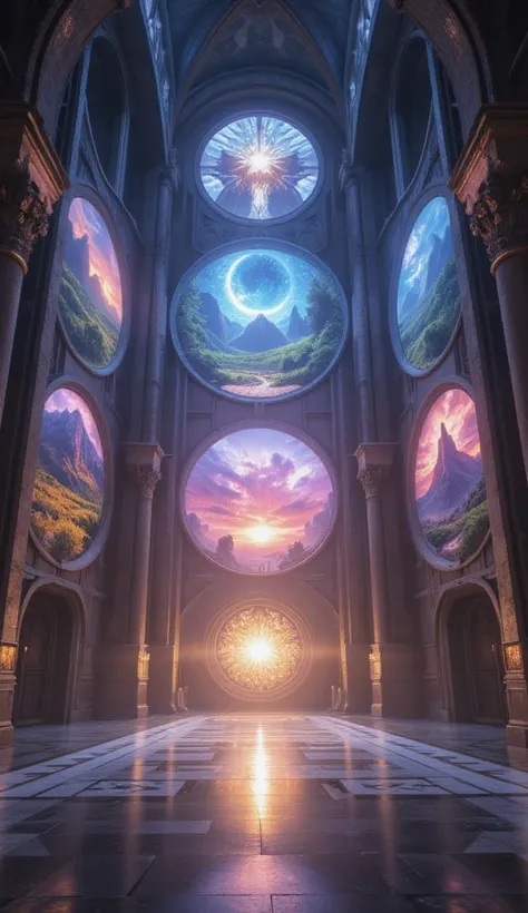 giant room with circles on the wall with energy surrounding them. the circles are portals showing different landscapes of different colors