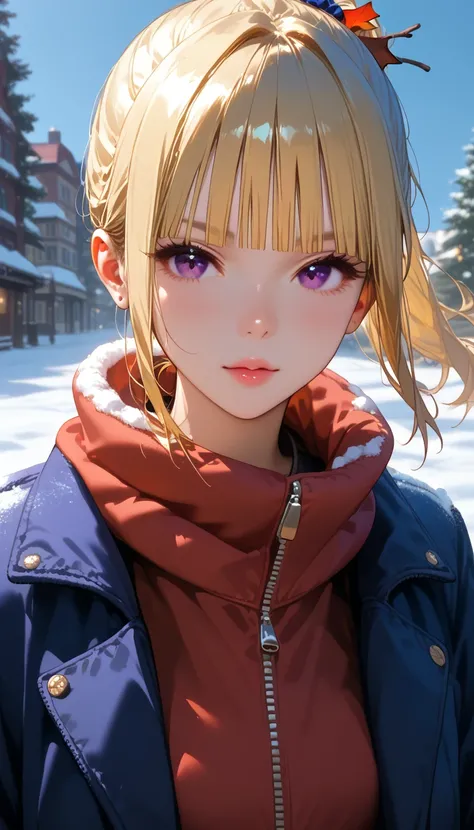 score_9,score_8_up,score_7_up, shiny skin, 1girl, KeiKaruizawa, Kei Karuizawa, bangs, blunt bangs, ponytail hair, violet eyes, blonde hair, blue scrunchie, jacket, winter jacket, snow, outdoor, playing with snow, cowboy shot, full body, red winter jacket, ...