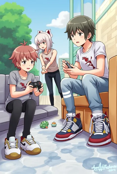 Jordan 4 shoes And wearing nike clothes sit down 3 anime man playing ps game