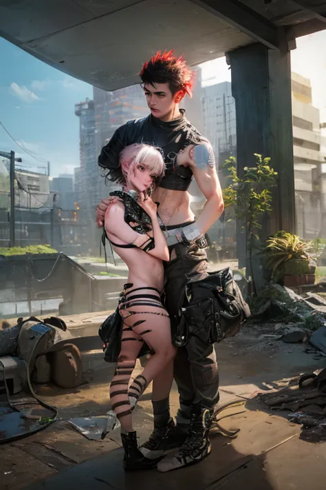 a couple posing for a picture, they are wearing (((punk style))) clothing, apocalyptic setting, anatomically correct, masterpiec...