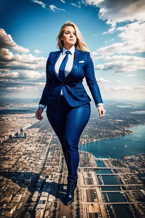 a 10 mile tall sophisticated and stylish curvy giantess in a pinstriped trouser suit, white shirt, and a large wide blue necktie with a really large windsor knot, with a beautiful, curvaceous figure, massive breasts, and blonde long wavey hair, with a curv...