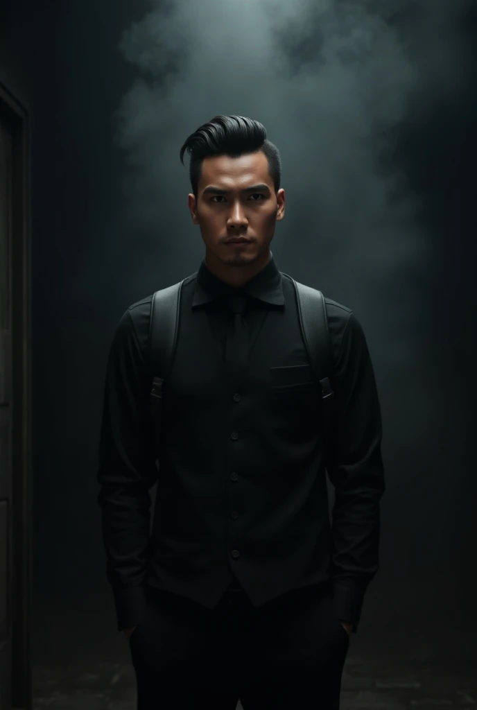  Indonesian male figure with climactic haircut , neatly combed back .  Serious-faced .  Wearing a black shirt and tie .  Closed black vest vest .  Outside using a black leather suspender back pack.  Stands gallantly in a dark black room , a little smoke . ...