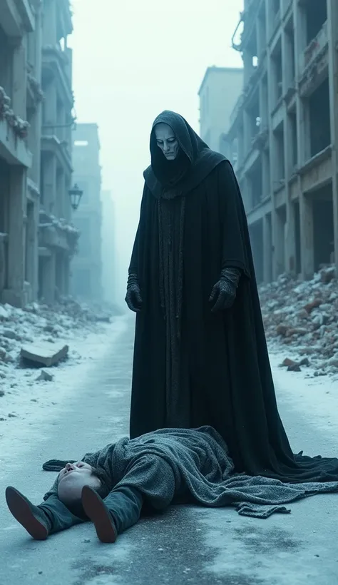 Amid the ruins of a devastated city, Jack Frost lies lifeless or unconscious on a frost-covered street, his once vibrant aura now eerily still. Standing over him, Valak exudes an unsettling presence, one foot firmly placed on Jacks chest. Cloaked in dark r...