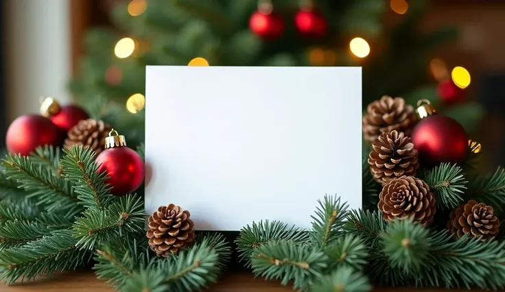 Image is a festive, holiday-themed photograph featuring a blank white card positioned centrally amidst a lush arrangement of evergreen branches. The layout is symmetrical, with the card standing upright, surrounded by natural elements. The branches are ado...