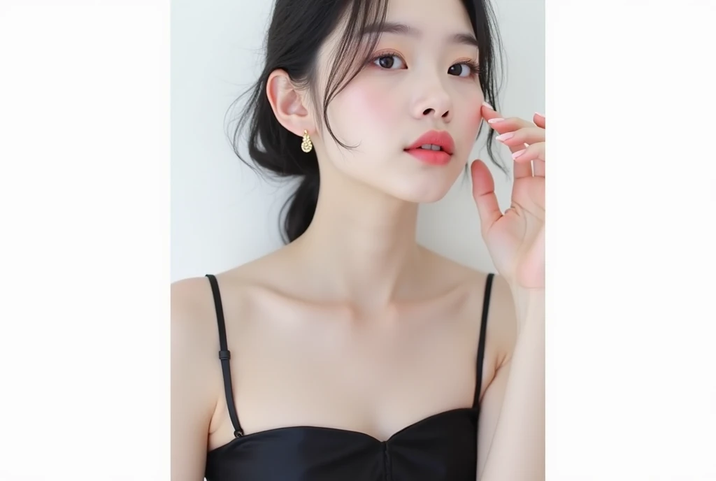 A young woman in her early 20s who looks like a Korean idol wears simple small gold earrings　 light pink beige lips and makeup 　　　Wearing a white satin camisole　