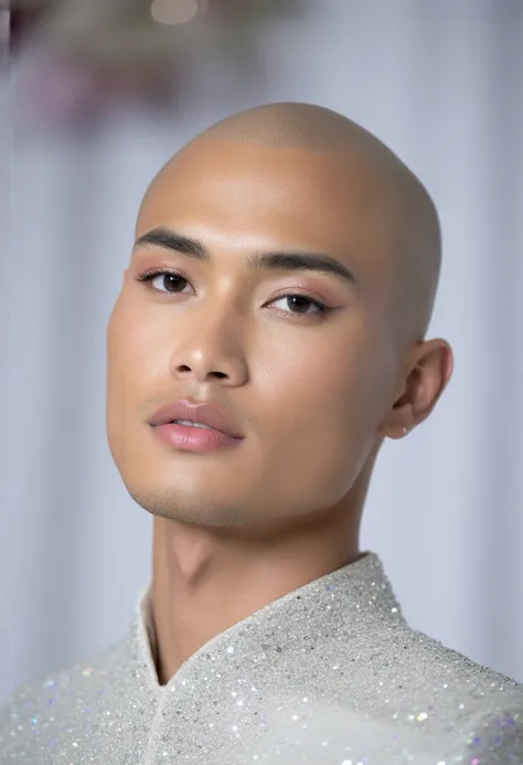 make a display of full body picture of a bald masculine Filipino gay queen. He is sophisticated and superb with an exaggerated and thick make up for pageant