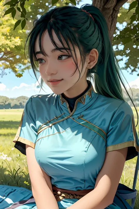 (masterpiece, best quality),  intricate details,
1girl,   lyn_(fire_emblem), 1girl, solo, ((green hair)), long hair, green eyes, high ponytail, blue dress, large breast, jewelry, fingerless gloves. hair ornament, lyn_(fire_emblem),
I am seated confidently ...