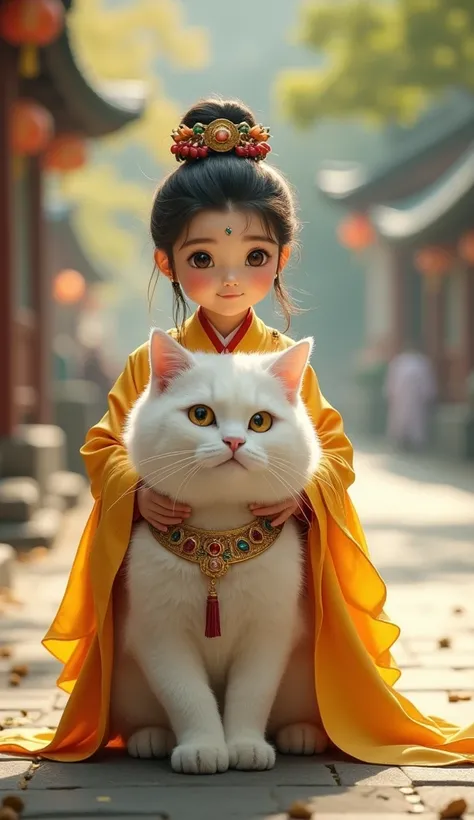 A unique  in ancient costume, with beautiful facial features and very cute. She wore a set of beautiful goose yellow ancient costumes, riding an enormous fat white cat. This cat is supple and bushy, as strong as a lion. It wore a unique and beautiful colla...