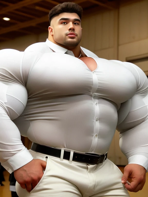 1 asian boy, giant, (buzz hair and fade cut), alone, giant bodybuilder, soft light, strong body, bulk, large size, brutalmass, (massive body), bulk, (Hyper thick chest muscles:1.3), wide pecs, huge six-packs, large body size, indoor, (wearing a long sleeve...