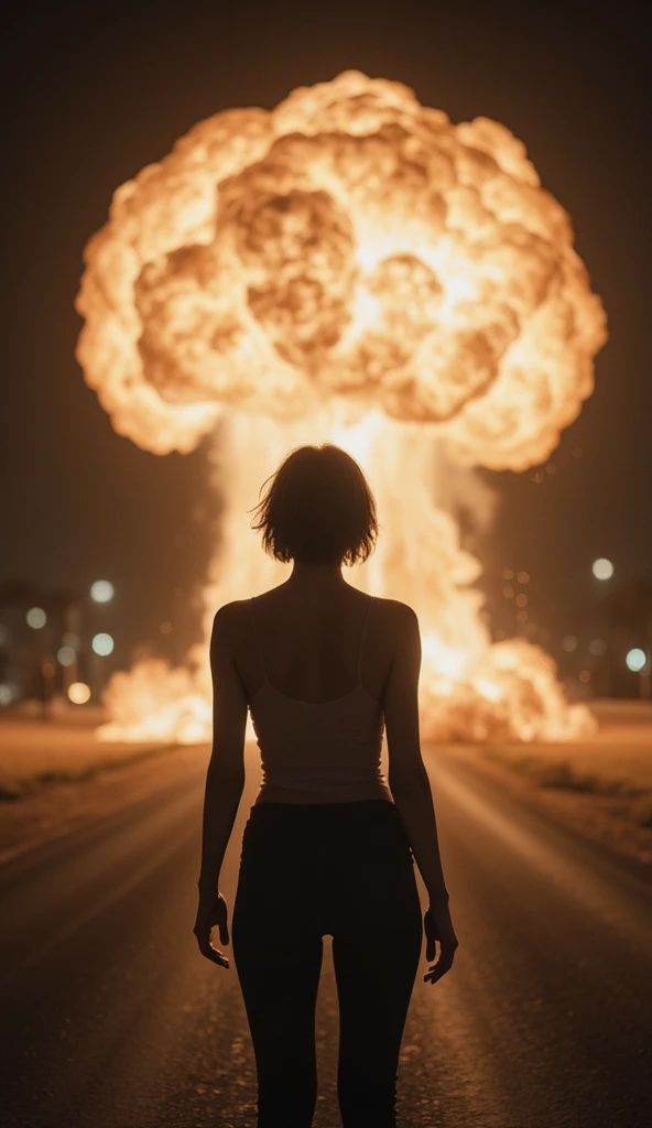 masterpiece, raw photo, film photo, 90s flash photo, 1girl, night scene, dark, empty road, beautiful 1girl, Big Explosion、sin front of camera, best quality, (short hair:1.3)