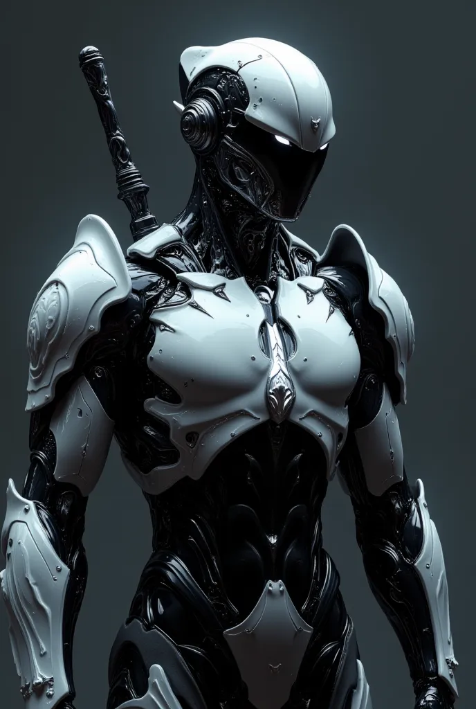 a cyborg dressed in black and white armor with a metallic texture. one of his arms is a sword with a liquid look.the entire body...