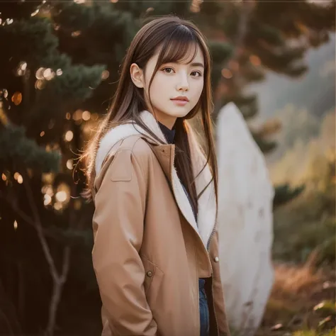  A brown-haired girl in a black jacket standing in front of a mountain, High-quality drawings, Chinese girl,  portraits , Chinese women,  Beautiful South Korean woman ,  Soft Portrait 8 k ,  8K Art Germ Bokeh ,  beautiful Chinese model ,  Image of a young ...