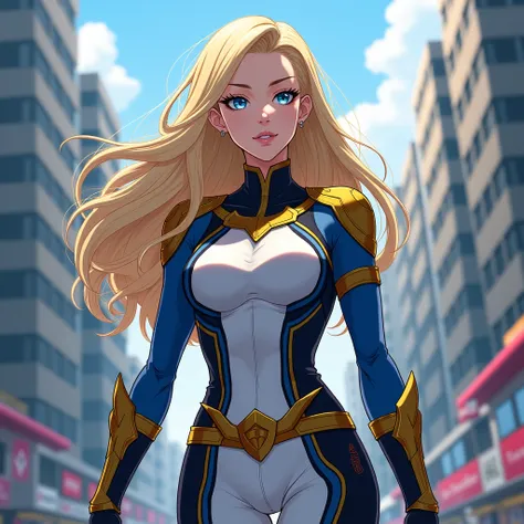 My Hero academia oc girl with long blond hair open, Blue eyes, Hero Ouffit no sexy Blue, white, black and touch gold with Armor