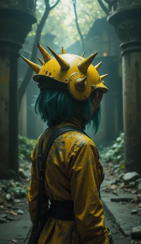 Horror-themed,  In an ancient and mysterious city a person wearing a yellow helmet with yellow spikes on it carcosa city style, Don Bluth Style ASTRONAUT Cthulhu yellow Toon Doll, full body RAW candid cinema, cyan hair, 16mm, color graded portra 400 film, ...